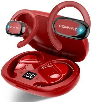 Conyat Open Ear Headphones, Wireless Bluetooth 5.4 Earbuds with Big Earhooks, Ultra-Comfort Open Ear Earbuds, 58 Hours HD Stereo Sound Over Ear Earphones, IP7 Waterproof Headset for Workouts, Red