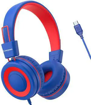 Cowyawn USB Type C Kids Headphones for School, Wired Toddler Headphones, 94dB Volume Limited, HD Stereo Sound, Foldable Lightweight On-Ear Wired Headphones for Kids/Children/Teens/Boys (Red Blue)