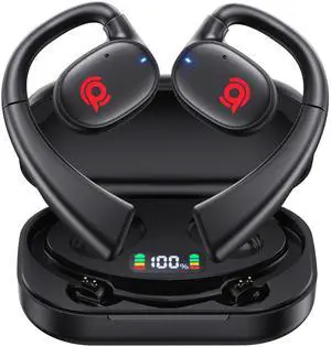 Open Ear Bluetooth Headphones Stereo Sound Clear Call Air-Conduction Wireless Charging Case LED Digital Display Ear Hook Wireless Earbuds with Microphone Waterproof Earphones for Sport Workout Running
