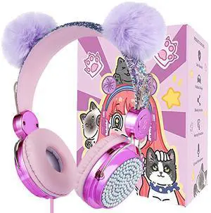 charlxee Kids Pom Headphones with Mic for Travel/Car/Plane,Added 85DB Limit Function&Shareport,Unicorns Gifts for Girls,On/Over Ear HD Stereo Wired Headsets with Nylon Cable-Hot-Purple
