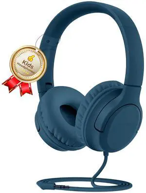DyBaxa Kids Headphones Wired, Foldable On Ear Headset, Volume Limiter 94dB, Over-Ear Headphones for Kids School Online Classes Travel Children, 3.5mm Jack Compatible Smartphones Tablet, Dark Blue