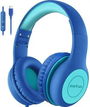EarFun Kids Headphones Wired with Microphone, 85/94dB Volume Limit Headphones for Kids, Portable Wired Headphone with Shareport, Stereo Sound Foldable Headset for School/Tablet/PC/Kindle, Type C