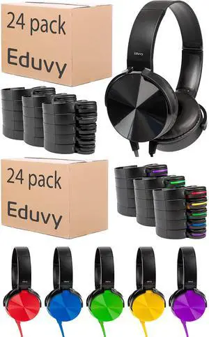 Eduvy Bundle of 48 Bulk Headphones for Classroom, Wired Head Phones. School Supplies for Teachers Must Haves, Classroom Headphones for Elementary to College Students. School Mixed Color Set