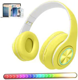 Bluetooth Over Ear Headphones with Colorful LED Lights, Foldable Hi-Fi Stereo Headphones with Mic, Wired & Wireless for Classroom/Home Office/PC/Mobile (Yellow)