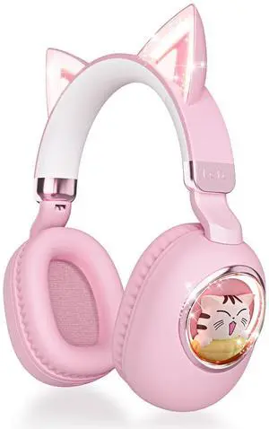 esonstyle Kids Headphones Cat Ear - Bluetooth 5.4 Over-Ear Noise Cancelling Headphones with Microphone LED Lights Up 85dB Safe Volume Limit Wireless or 3.5mm Wired USB C for Travel iPad Tablet (Pink)