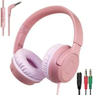 Kids Wired Headphones with Built-in Microphone, 85/94dB Safe Volume Limiter,Foldable,3.5mm Jack Over-Ear Cord Headset for Online Study/Travel, Compatible with Tablet,iPad,PC&More (Pink/Light Pink)