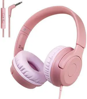 FNSHIP Kids Wired Headphones with Microphone, 85/94dB Safe Volume Limiter,Foldable,3.5mm Jack Over-Ear Cord Headset for Online Study/Travel, Compatible with Tablet,iPad,PC&More,Pink