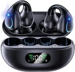 Open Ear Bone Conduction Headphones Bluetooth 5.3 Wireless Clip On Earbuds with Digital Display Charging Case 60 Hours Playtime Sport Earphones Built-in Mic IPX7 Waterproof for Running Fitness Black