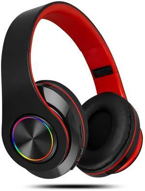Bluetooth Headphones Over-Ear, 60 Hours Playtime Foldable Lightweight Wireless Headphones Hi-Fi Stereo, Bass Adjustable Headset with Built-in HD Mic,SD/TF for PC/Home (Black+Red)