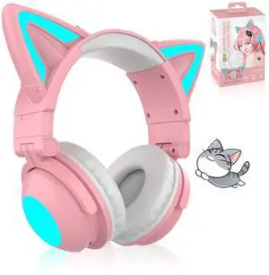 HYEIOL Cat Ear Bluetooth Headphones for Kids & Adults,Lightweight Gaming Headset with RGB Lighting,Wireless Over Ear Headphones with Mic for iPhone/iPad/Laptop/PC