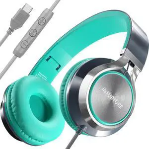 INFURTURE USB C(Type C) Wired Headphones with Mic & Volume Control, Tangle-Free Plaiting Line, Over/On-Ear Headphones, Lightweight Foldable for Smartphone, Tablet,iPhone 16/15 Series(Green-Gray)
