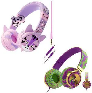 Kidrox Kids Headphones Bundle - Tiger & Dinosaur Themed Wired Headphones for Toddlers & Children Ages 1-10 - Volume-Limited 85/94dB, Built-in Mic, 3.5mm Jack - Durable, Travel-Ready, Fun Designs