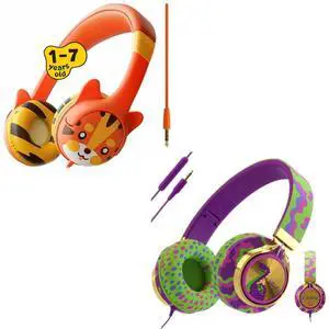 Kidrox Kids Headphones Bundle - Tiger & Dinosaur Themed Wired Headphones for Toddlers & Children Ages 1-10 - Volume-Limited 85/94dB, Built-in Mic, 3.5mm Jack - Durable, Travel-Ready, Fun Designs
