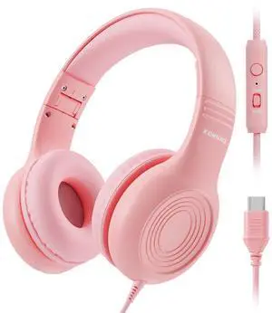 KONNAO Upgrade USB Type C Kids Headphones, Wired Headphones for Kids with Microphone for Boys Girls, Adjustable 85dB/94dB Volume Limited (Pink)