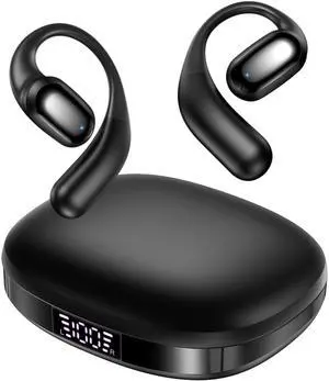 kurdene Open Ear Headphones,Bluetooth 5.3 Wireless Sports Earbuds with Digital Display Charging Case 60Hrs Playtime Earphones with Earhooks for Running,Meeting,Workout-Black