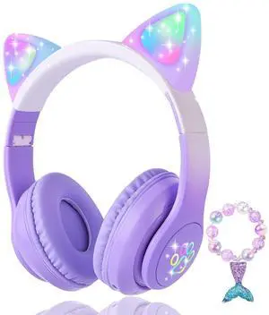 KORABA Cat Ear Kids Headphones Bluetooth, LED Light up Wireless/Wired Mode Over Ear Headphones with Build in Microphone for School/Travel (Purple)