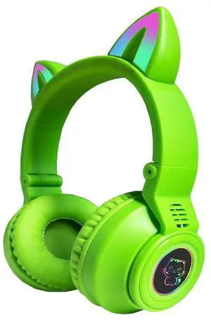 Kids Bluetooth Headphones,Cat Ear LED Light Up Wireless/Wired Headset,85 dB Volume Limited Foldable Headphones,Built-in Mic,Support FM/Micro SD/TF,for Phone/Tablet/Pad/PC/Kindle/Laptop/TV(Green)