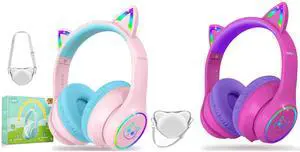 LOBKIN Kids Bluetooth Headphones,Over Ear Kids Headphones Wireless with Mic 50H Playtime Colorful LED Lights AUX Cord 94dB Safe Volume Limited Foldable Design for Boy Girl Travel/School/iPad