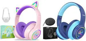 LOBKIN Bluetooth 5.3 Kids Headphones with Case - RGB LED Light Up Cat Ears Foldable Adjustable Over Ear Headphone Support Wireless or 3.5mm Wired Mode for Toddler & Girls & Boys Teens