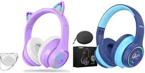 LOBKIN Bluetooth 5.3 Kids Headphones with Case - RGB LED Light Up Cat Ears Foldable Adjustable Over Ear Headphone Support Wireless or 3.5mm Wired Mode for Toddler & Girls & Boys Teens
