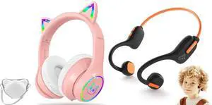 LOBKIN Bluetooth 5.3 Kids Headphones with Case - RGB LED Light Up Cat Ears Foldable Adjustable Over Ear Headphone Support Wireless or 3.5mm Wired Mode for Toddler & Girls & Boys Teens