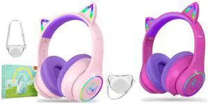 LOBKIN Kids Bluetooth Headphones,Over Ear Kids Headphones Wireless with Mic 50H Playtime Colorful LED Lights AUX Cord 94dB Safe Volume Limited Foldable Design for Boy Girl Travel/School/iPad