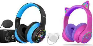 LOBKIN Kids Bluetooth Headphones,Over Ear Kids Headphones Wireless with Mic 50H Playtime Colorful LED Lights AUX Cord 94dB Safe Volume Limited Foldable Design for Boy Girl Travel/School/iPad