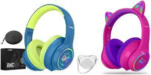 LOBKIN Active Noise Cancelling Headphones for Kids,Bluetooth 5.4,Kids Headphones Wireless with Mic 50H Playtime AUX Cord Safe Volume Limited Foldable for Boy Girl Travel/School/iPad(with LED Lights)