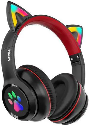 MIDOLA Kids Headphones Cat Ear Wireless Bluetooth 5.3 60H Over Ear, 8H with Led Light Foldable Headset with Aux 3.5mm Mic for Travel Pad Tablet Black