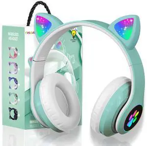 KERHAND Bluetooth Headphones for Kids, Cute Ear Cat Ear LED Light Up Foldable Headphones Stereo Over Ear with Microphone/TF Card Wireless Headphone for iPhone/iPad/Smartphone/Laptop/PC/TV (Green)
