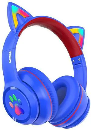 MIDOLA Kids Headphones Cat Ear Wireless Bluetooth 5.3 60H Over Ear, 8H with Led Light Foldable Headset with Aux 3.5mm Mic for Travel Pad Tablet Blue