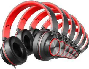 MIXCU Headphones for School Kids Wired Bulk, Over-Ear Classroom Headsets for Teens Children Chromebook Computer, 3.5mm Jack, Foldable, No-Tangle Cord, Bundle Pack (6 Pack Red)