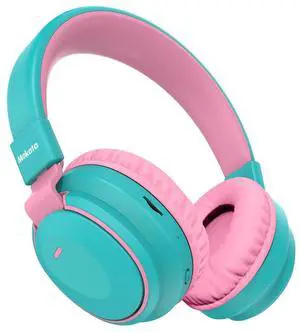 Mokata Kids Headphones Bluetooth 5.3 Wireless 60H Play Time Volume Limited 85/110dB Over Ear Foldable Headset with Cable Aux Mic for iPad Notebook Boy Girl Travel School Tablet Cyan