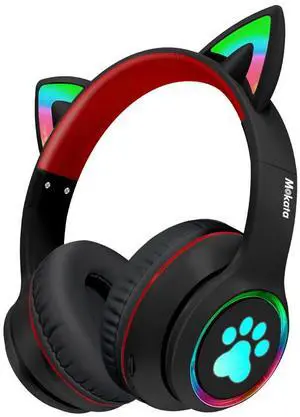 Mokata Headphones Cat Ear Wireless Bluetooth 5.3 60H Over Ear, 8H with Led Light Foldable Music Gaming Headset with Aux 3.5mm Mic for Game TV Pad Tablet Laptop Cellphone Black