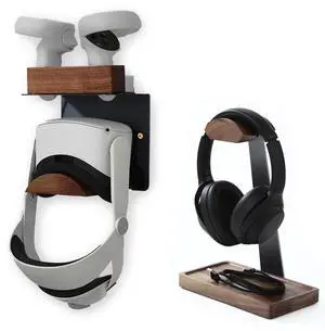 NIRVASH Black Walnut Headphone Stand and VR Wall Mount with Charger