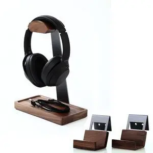 NIRVASH Black Walnut Headphone Stand and Game Controller and Headphone Holder Wall Mount