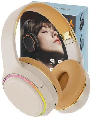 OOYY Foldable Over-Ear Headphones with Hidden Mic for Cell Phone, Wireless Bluetooth Headphones with RGB LED Lighting (Khaki)