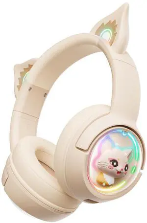 PHNIXGAM Cute Cat Bluetooth Headphones, Wireless & Wired Mode Headset with Mic, RGB LED Light, for Girls Women School Gaming, Compatible with Mobile Phones Tablet