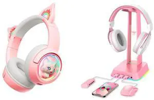 PHNIXGAM Cat Ears Bluetooth Headsets & RGB Headphone Stand with 3.5mm AUX and 3 Port USB 2.0 Hub