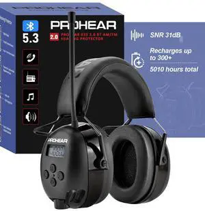 PROHEAR 033 Upgraded Bluetooth Hearing Protection AM FM Radio Headphones, 31SNR Noise Reduction Ear Muffs with Long-Lasting Stable Rechargeable Battery, 50 Hrs for Mowing Snowblowing, Black