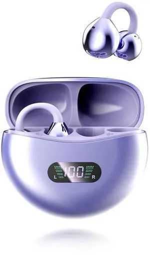 PUREMIC Clip on Earbuds Open Ear Wireless Bluetooth 5.4 Headphones, 60H Playback LED Power Display Earphones with Wireless Charging Case, IPX7 Waterproof Ear Buds for Phone Laptop Computer (Purple)