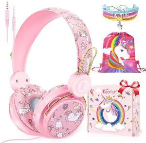 QearFun Unicorn Headphones for Girls Kids for School, Kids Wired Headphones with Microphone & 3.5mm Jack, Teens Toddlers Noise Cancelling Headphone with Adjustable Headband for Tablet/Smartphones