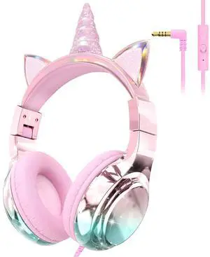 QearFun Kids Unicorn Headphones with Cord for Girls with Microphone, 85/94dB Safe Volume Limiter, Share Port, Foldable Sparkly Wired Headset for School, Travel, Tablet, iPad - Pink