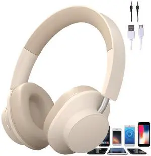 qooarker Over Ear Headphones with Mic, 50 Hours Play Time Wireless Bluetooth Headphones with Deep Bass, Stretchable Headphones with HiFi Audio for phone/TV/PC/MP4/Home/Office (White)