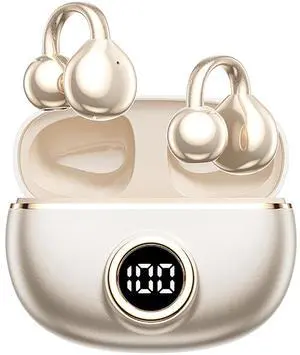 QJF Clip on Earbuds, Open Ear Wireless Bluetooth 5.4 Air Conduction Headphones with Mic, Waterproof,Sports Ear Buds,Comfortable for Small Ears, Glasses Wearers,Workouts (Beige)