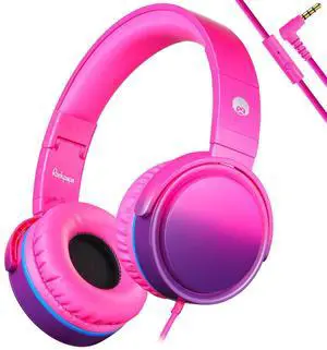 rockpapa Grade Wired Headphones with Microphone, Lightweight Foldable Stereo Bass Headphones with No-Tangle Cord & 3.5mm Jack for Women/Kids, Laptop Tablet Airplane Chromebooks Pink