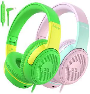 rockpapa Share 1 Kids Headphones Wired with Microphone & Share Port, 85dB/94dB Volume Limited, Cute Foldable Student Child Boys Girls Headphones for School/Travel Green/Yellow+Pink/Green