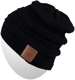 Rotibox Winter Bluetooth Beanie Hat Fashional Double Knit Skully Cap w/Wireless Stereo Headphone Speakerphone Mic for Outdoor Sports Running Skating Hiking Camping - Black