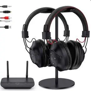 ROSIDA Dual Wireless Headphones for TV Watching with Transmitter, Headset Stand, TV Headphones for Seniors, 295FT Range with Optical, AUX, RCA,USB, High Volume Control, Long Playtime, No Delay, Black ROSIDA Dual Wireless Headphones for TV Watching with Transmitter, Headset Stand, TV Headphones for Seniors, 295FT Range with Optical, AUX, RCA,USB, High Volume Control, Long Playtime, No Delay, Black