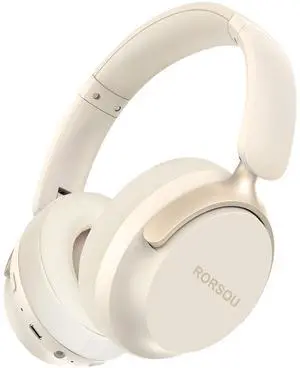 RORSOU B8 Bluetooth Headphones Over Ear, 6 EQ Music Modes and 50H Playtime Deep Bass Wireless Headphones with Mic, Lightweight Folding HiFi Stereo Headset for iPad/Travel/Tablet/PC/Home Beige White